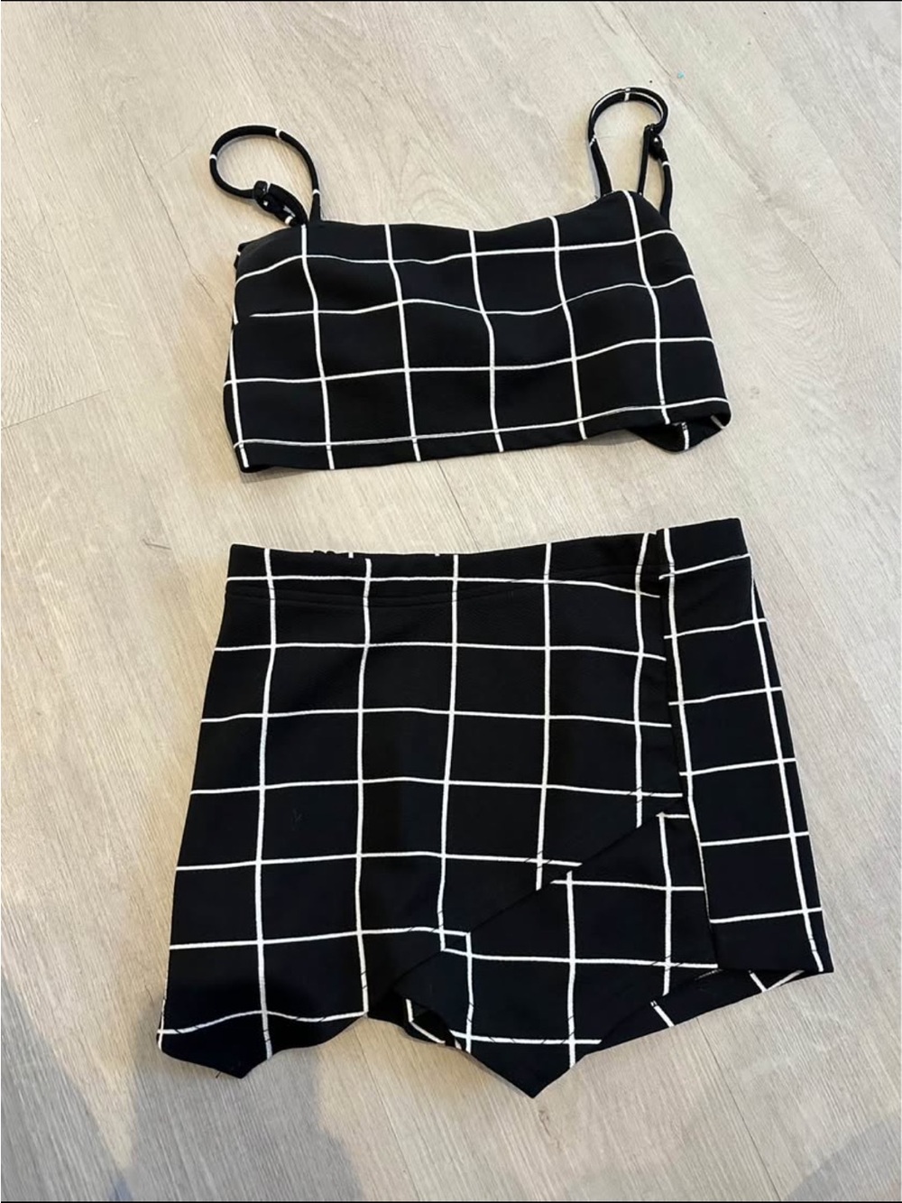 Black Windowpane Two-Piece Skirt Set - Black